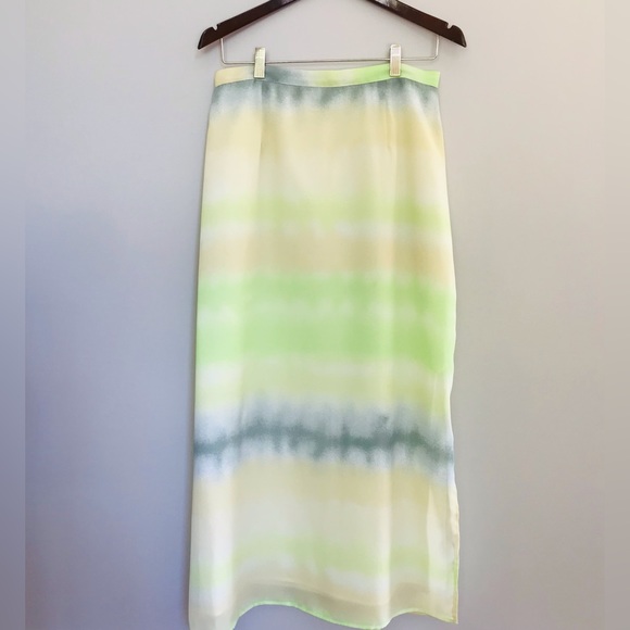 PERSONI | Y2K MIDI Skirt w/ Tie Dye Watercolour Print in Green & Yellow Size L - Picture 5 of 16